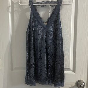 POL Navy Velvet Lace Trim Tank Top